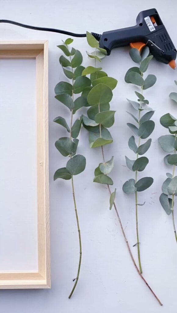 Du skal bruge en ramme, limpistol samt eukalyptus grene. 